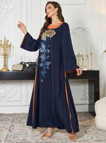 Al Najma 亮片玫瑰花卉撞色喇叭袖阿拉伯连衣裙，秋冬，端庄 - 彩色 - 查看 8