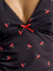 AiiRZ Valentines Cherry Printed Bow Detail Bust Cami Top - Black - View 4