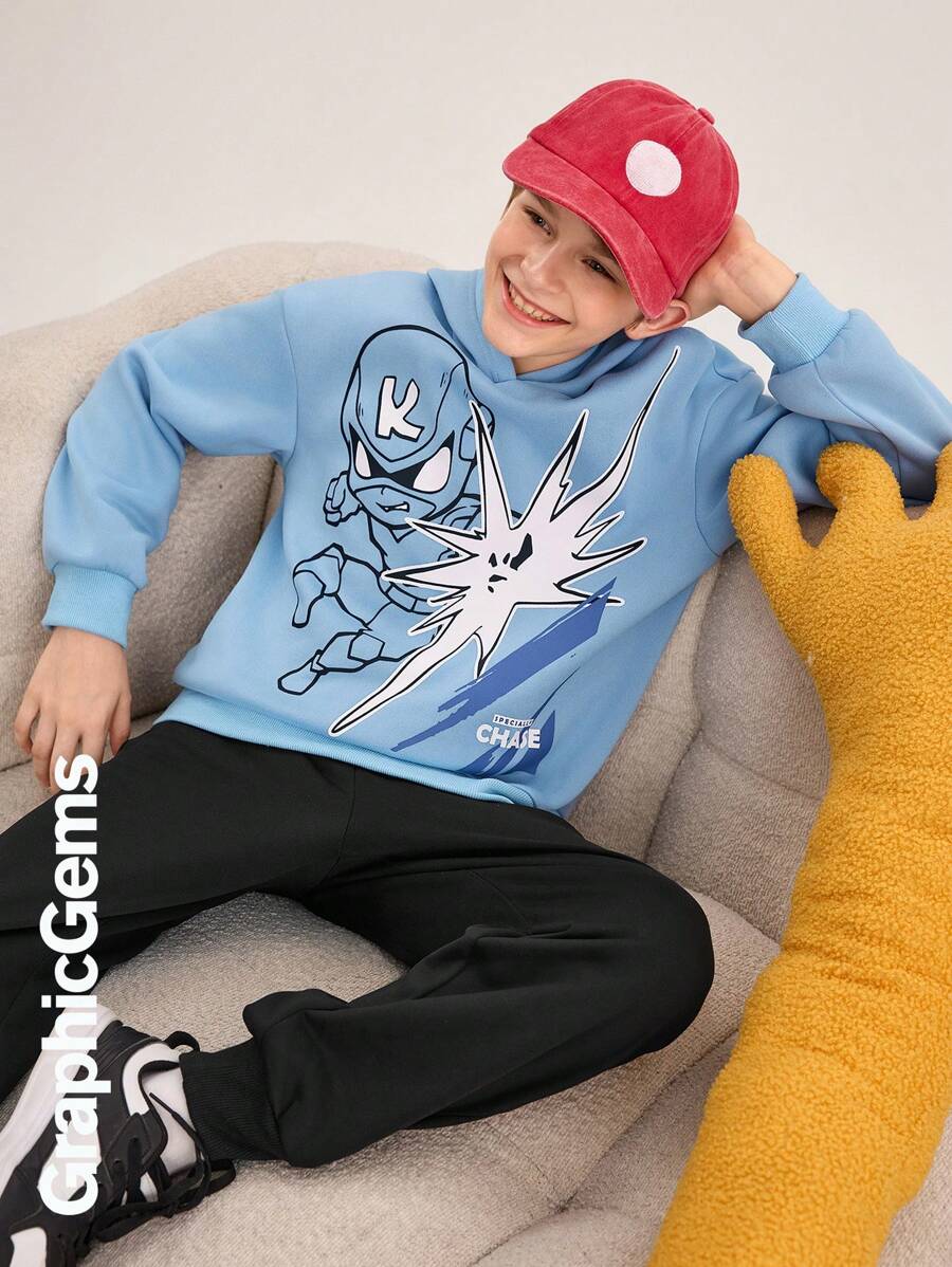 Tween Boys Casual Letter & Cartoon Print Round Neck Drop Shoulder Long Sleeve Hoodie And Pants 2 Pieces Clothes Set, Autumn/Winter