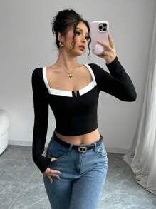 INAWLY French Elegant Square Neck Color Block Cropped T-Shirt With Underwire For Women Graphic Tees Women Tops