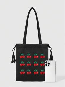 SHEIN MOD Fashion Matte Cherry Drawstring Shoulder Bag For Women - Black - View 3