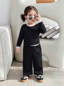 Baby Girl Matching Sets, Mom & Me, Ribbed Knit Color Block Long Sleeve Crew Neck Crop Top With Wide Leg Knit Pants - Black - View 8