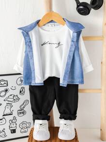 SHEIN Bộ 3 món áo thun dài tay họa tiết chữ đan cho bé trai/bé gái, áo vest và quần cạp chun, xuân/hè - Nhiều màu - Xem 4