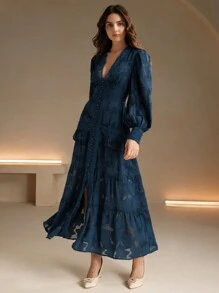 Anewsta 女士奢华新年圣诞连衣裙，优雅派对礼服，感恩节服装，法式褶皱V领泡泡袖修身连衣裙 - 藏蓝色 - 查看 4