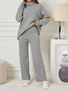 EURMUSE 女款高領落肩毛衣 2 件/套 - 灰色 - 查看 1