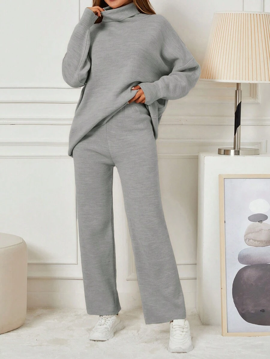 EURMUSE 女款高領落肩毛衣 2 件/套 - 灰色 - 查看 1