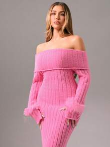 Zolique Women Light Pink Autumn Elegant Party Cold Shoulder Ribbed Feather Plush Splicing Tight Long Dress Sweater Dress,Winter Club Holiday Outfits - Pink - View 1