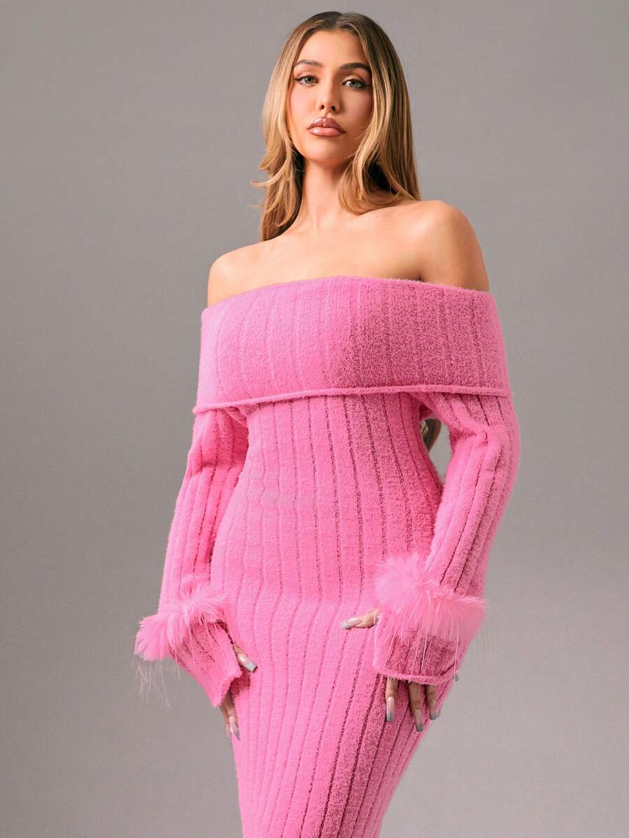 Zolique Women Light Pink Autumn Elegant Party Cold Shoulder Ribbed Feather Plush Splicing Tight Long Dress Sweater Dress,Winter Club Holiday Outfits - Pink - View 1