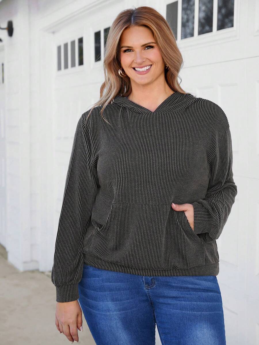 SHEIN LUNE Women Plus Size Casual Striped Hooded Sweatshirt Thanksgiving Outfit Women New Years Women Outfit Winter Clothes For Women Tops Hoodies Hoodie Hoodies Women New Years Women Outfit Winter Sweatshirt Tops