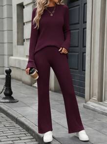 SHEIN LUNE Bộ 2 món áo nữ tay raglan dài tay và quần ống rộng xẻ tà, thích hợp mặc mùa thu/đông, ngày lễ tình nhân. - Màu Đỏ Sâu - Xem 4