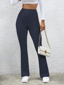 SHEIN LUNE Women's Elastic Waist Ribbed Flare Leg Pants - Royal Blue - View 8