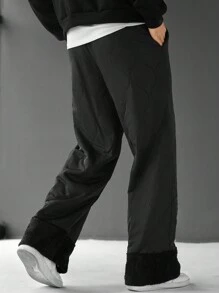 Manfinity Homme Men's Letter Print Drawstring Waist Thermal Lined Casual Pants, Winter - Black - View 2