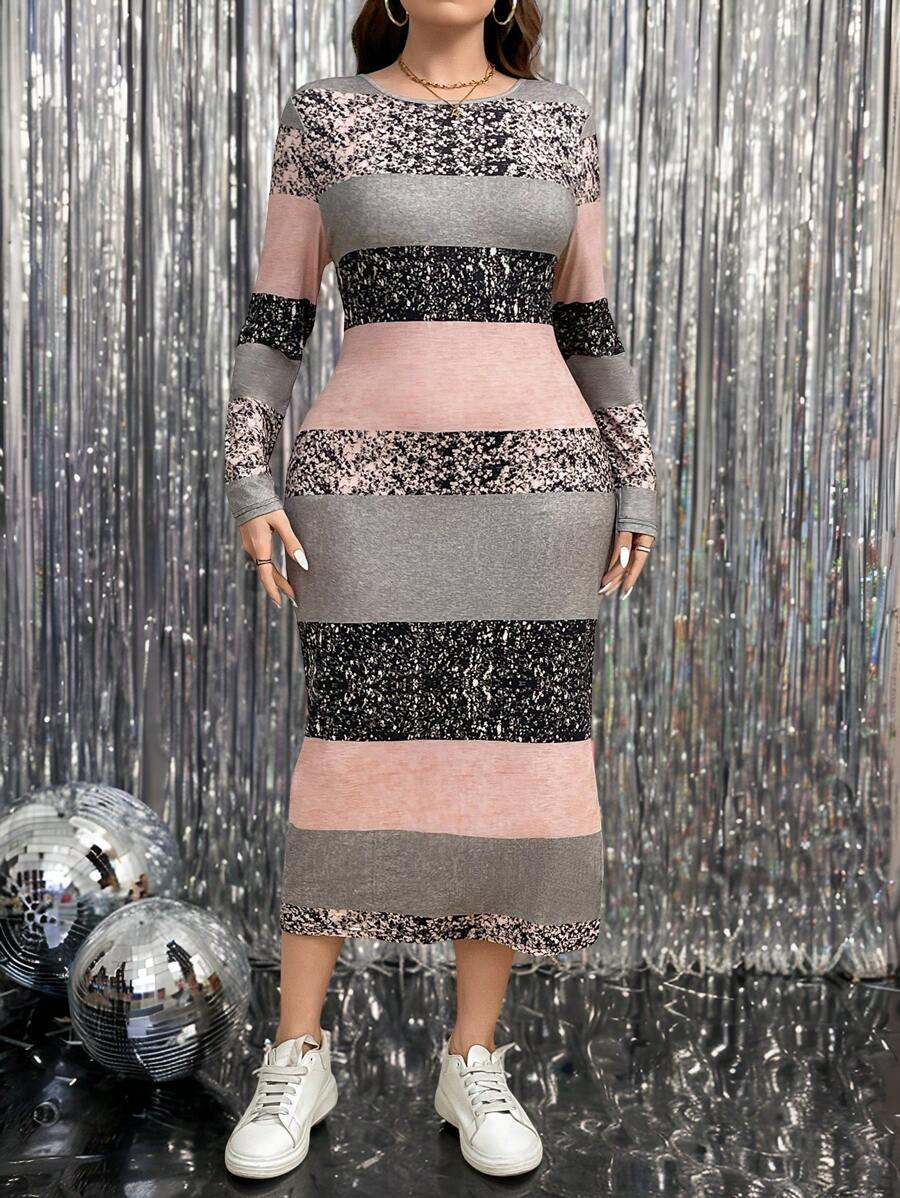 SHEIN LUNE Plus Size Sequin Pattern Slit Hem Bodycon Casual Dress, Slimming Thanksgiving Outfit Women New Years New Years Outfit New Year Eve Outfit