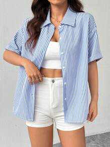 Chiquease Women's Blue Striped Short Sleeve White Button-Up Shirt - Blue - View 1