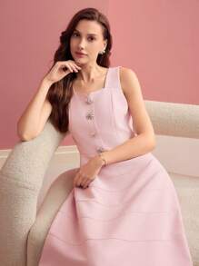 MOTF PREMIUM RHINESTONE FLORAL BUTTON SLEEVELESS DRES,VALENTINE'S DAY OUTFIT, FULL DRESS, FIT AND FLARE - Pink - View 6