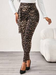 SHEIN Lady Brown Leopard Print Check Decorative Women's Slim Leggings Skirt Wrap Design Women's Leggings