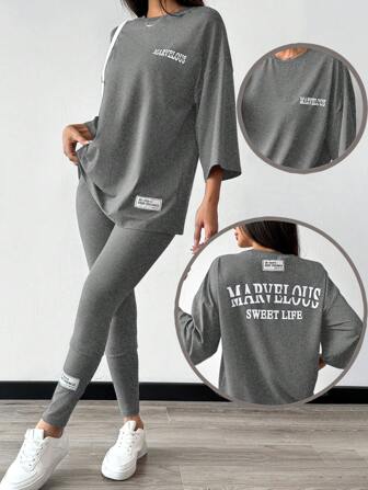 Mulvari 2pcs Women's Set: Round Neck Long Sleeve Letter Print Minimalist Top & Pants