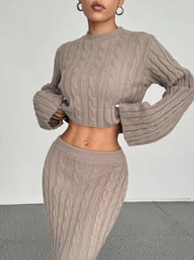 EgrlEra Women Twist Pattern Casual Round Neck Pullover Long Fish Tail Skirt Knitted 2 Pieces Set Fall Cloth For Women - Khaki - View 4