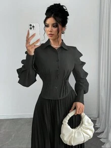 SHEIN Unity 2024 New Women Fashion Asymmetrical Ruched Long Sleeve Slim Fit Short Blouse Women Shirt - Black - View 4