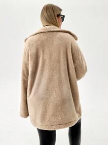EURMUSE Front Pocket And Button Detailed Hooded Very Cozy And Soft Faux Fur Women Coat