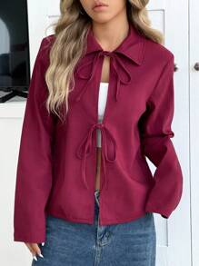 SHEIN EZwear Damen Lässig einfarbiges Hemd mit Knotendetail, Herbst