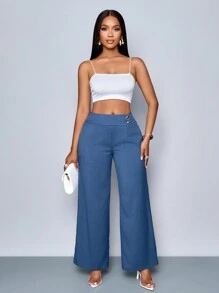 SOLERSUN Calça Pantalona Elegante Azul com Detalhe de Botão na Cintura para Mulheres - Azul - Visão 1