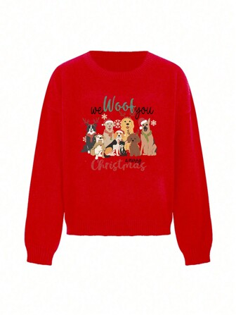 Rosie Artist Christmas Loose Pullover Red Knit Sweater With Puppy Family Graphic, Oversized Crew Neck Design, Suitable For Autumn & Winter, Going Out, Vacation, New Year, Festival
