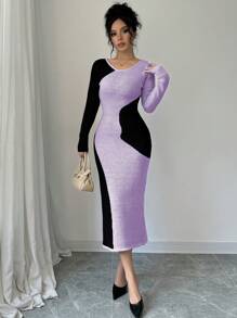 Elenzga 女士拼色毛衣裙，简约时尚，适合日常休闲穿着 - 淡紫色 - 查看 3