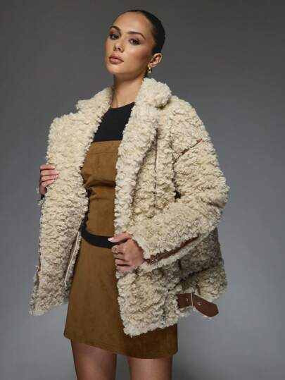 MISSGUIDED Shearling Lined Long Biker Moto Style Winter Coat Teddy Plush Jacket With Decorative Buckle Adjustable Sides Belts Faux Fur Outerwear