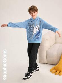 Tween Boys Casual Letter & Cartoon Print Round Neck Drop Shoulder Long Sleeve Hoodie And Pants 2 Pieces Clothes Set, Autumn/Winter