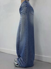 DAZY 女士休闲破洞阔腿牛仔裤，宽松低腰牛仔裤 - 中等水洗藍 - 查看 8