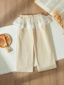 Blossori Young Girls Elegant Khaki Lace Trim Woven Wide-Leg Pants With Overexaggerated Skirt Hem, Autumn/Winter - Khaki - View 1