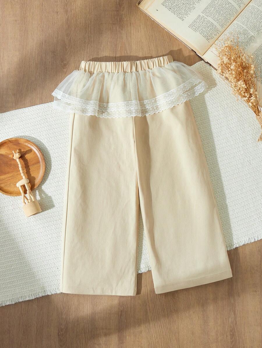 Blossori Young Girls Elegant Khaki Lace Trim Woven Wide-Leg Pants With Overexaggerated Skirt Hem, Autumn/Winter - Khaki - View 1