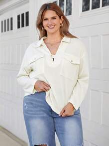 SHEIN LUNE Top minimaliste casual de couleur unie pour femmes grandes tailles, à porter au quotidien, pour le Thanksgiving et le Nouvel An - Nude - Voir 4