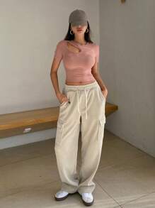 DAZY 女士休闲纯色镂空修身短款 T 恤 - 粉色 - 查看 7