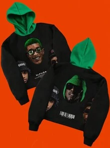 Manfinity EMRG Felpa oversize con cappuccio a blocchi di colore, con stampa frontale e posteriore di caratteri di hip-hop secondo la moda giovanile da strada. Felpa verde adatta per l atmosfera natalizia e l uso quotidiano, perfetta come regalo per amici, marito o fidanzato.