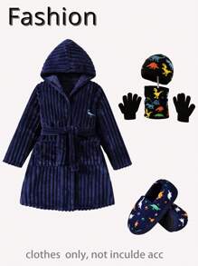 SHEIN Boys' Long Sleeve Hooded Long Robe With Texture Stripe Pattern, Warm And Comfortable Sleepwear - Royal Blue - View 3