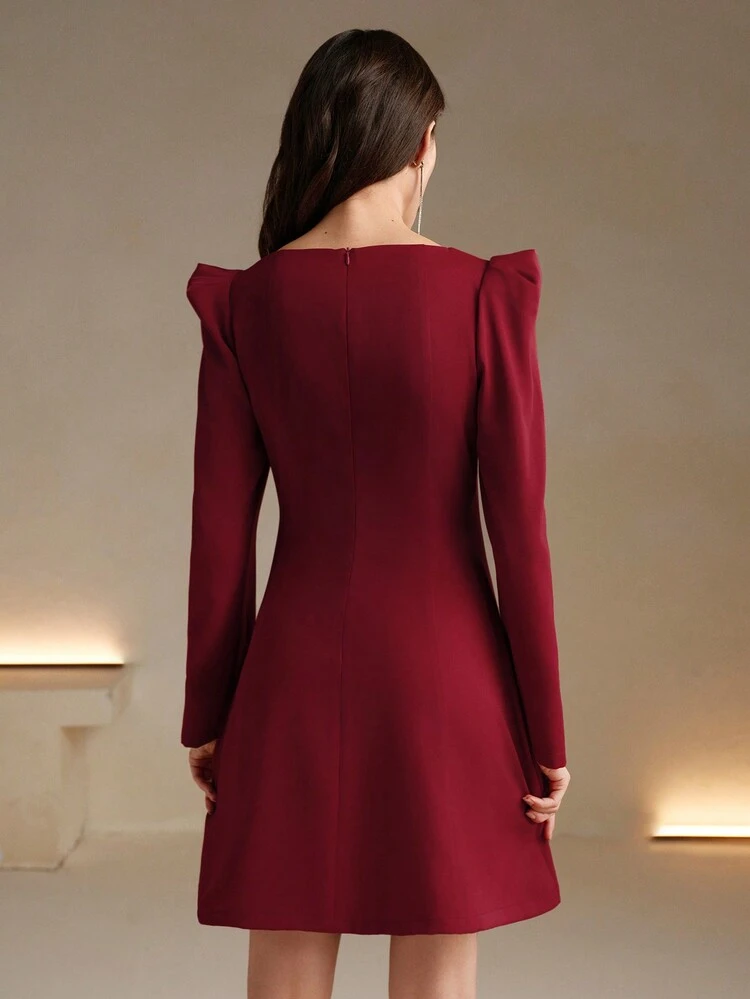 Rhinestone 3D Floral Square Neck Puff Sleeve Elegant Dress Burgundy Color Women Outfit