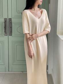 DAZY Vestito in maglia lungo oversize a scollo a V, abito-maglione stile casual a maniche corte - Bianco - Visualizzare 4