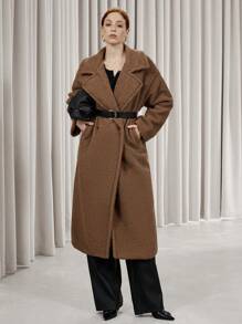 SHEIN Privé Casual Lapel Leather Belt Waisted Warm Fluffy Long Sleeve Loose Oversize Women Long Coat For Commuting  - Khaki - View 5