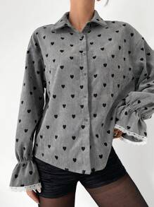 SHEIN Essnce Women's Button Front Long Sleeve Casual Shirt With Heart Detail, Minimalist Design - Dark Grey - View 2