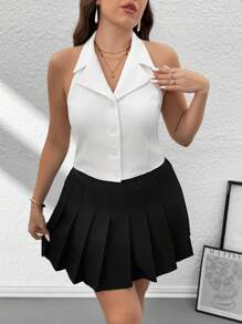 SHEIN Privé Plus Size Fashion Sexy Solid Color Front Button Backless Halter Neck Top - White - View 5
