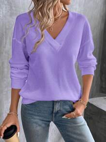 SHEIN LUNE Camiseta de manga larga con cuello en V de unicolor minimalista para mujer, informal para uso diario