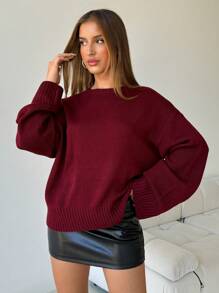 Aloruh 女士纯色圆领长袖休闲宽松针织毛衣日常休闲圣诞快乐运动衫长袖假日女士感恩节美国新年除夕套头衫宽松约会外出日常休闲商务休闲别致舒适毛衣勃艮第红色，秋冬，休闲 - 紅色 - 查看 4