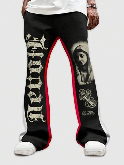 Street Life Men's Vintage Virgin Mary Print Sweatpants, Minimalist Style For Everyday Wear