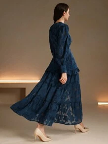 Anewsta 女士奢华新年圣诞连衣裙，优雅派对礼服，感恩节服装，法式褶皱V领泡泡袖修身连衣裙 - 藏蓝色 - 查看 5