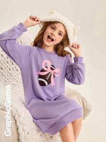 SHEIN Tween Girl' Round Neck Long Sleeve Printed Simple Casual Dress - Mauve Purple - View 1