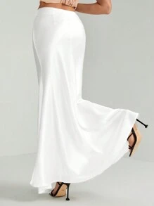 SHEIN Tall High Waist Solid Satin Extra Long Skirt - White - View 2