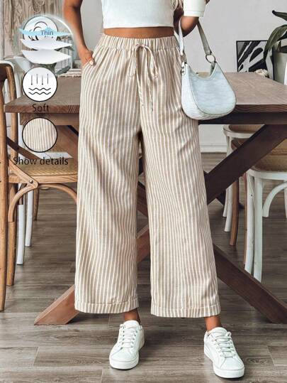 Calvaya Women's Old Money Style Striped Wide-Leg Belted Daily Wear Casual Straight Pants,Old Money Outfits Fall Cloth For Women