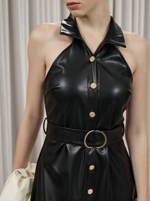 SHEIN Privé High-End Elegant Business Attire Long Dress, Lapel Collar, Black Faux Leather Fabric, Tie-Belt & Button Closure, Sleeveless Design - Black - View 8